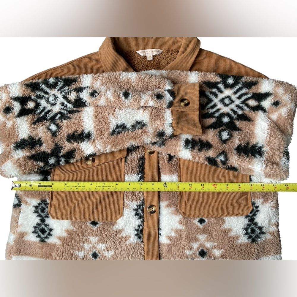 Simply Southern Aztec Sherpa Shacket Corduroy Button Up Fleece Jacket Brown M - Picture 4 of 7